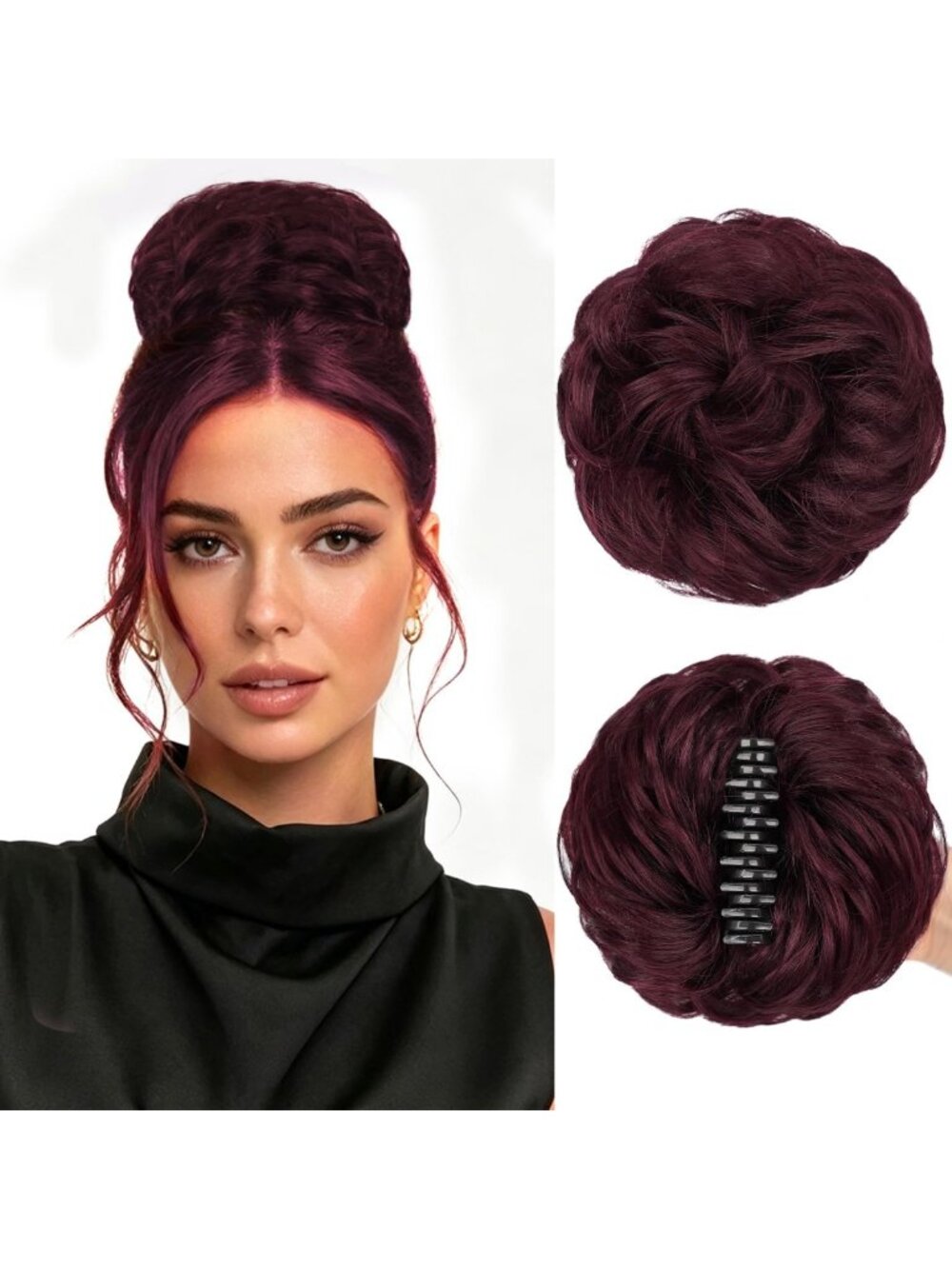 Real Human Hair Messy Bun Piece - Burgundy Curly Chignon Clip-On Updo for Women